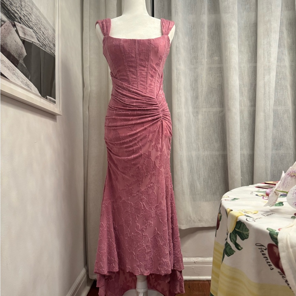 Sexy Corseted Goddess Draped Mauve Pink High Low Dress
